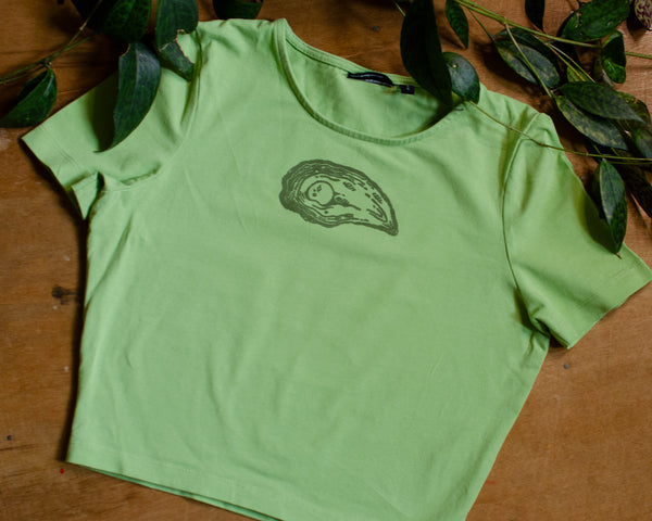 Oyster Upcycled Crop Baby Tee – Hand Printed XS