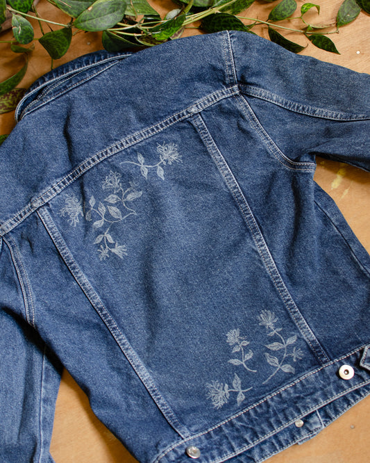 Honeysuckle Demin Jacket | Block Printed Thrifted | (S)