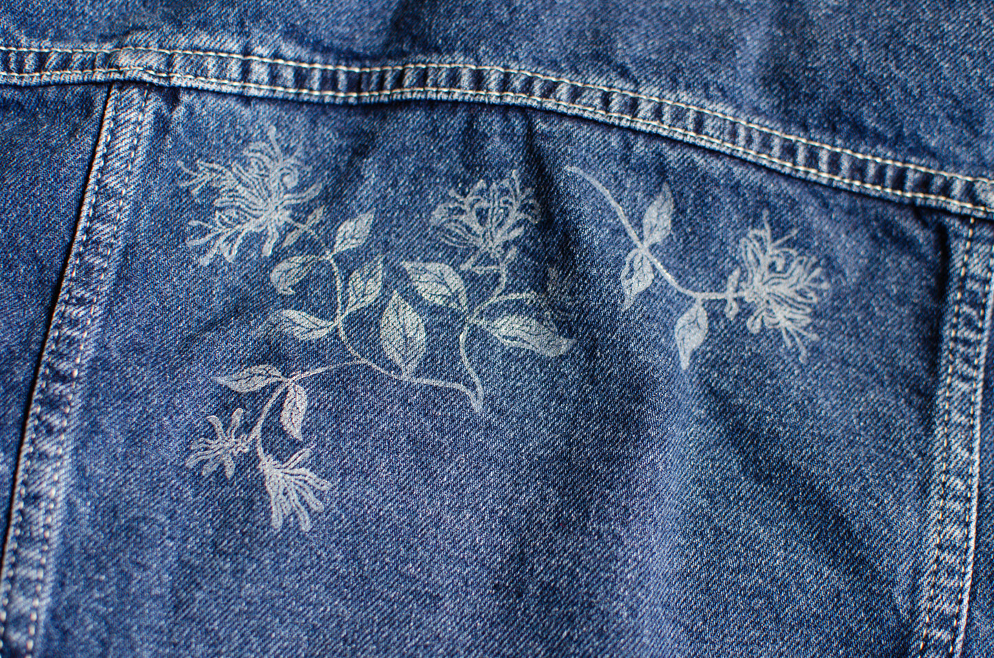 Honeysuckle Demin Jacket | Block Printed Thrifted | (S)