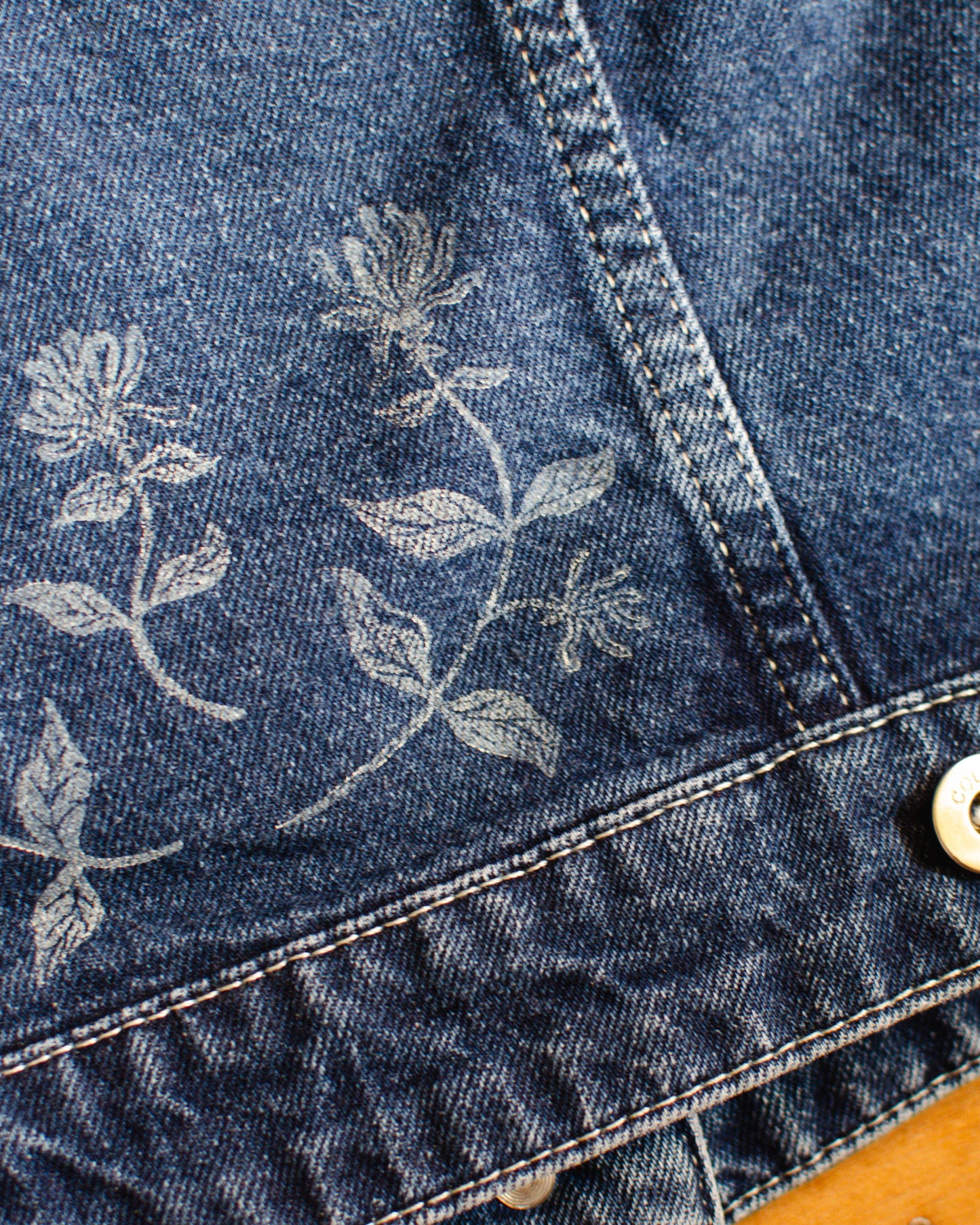 Honeysuckle Demin Jacket | Block Printed Thrifted | (S)