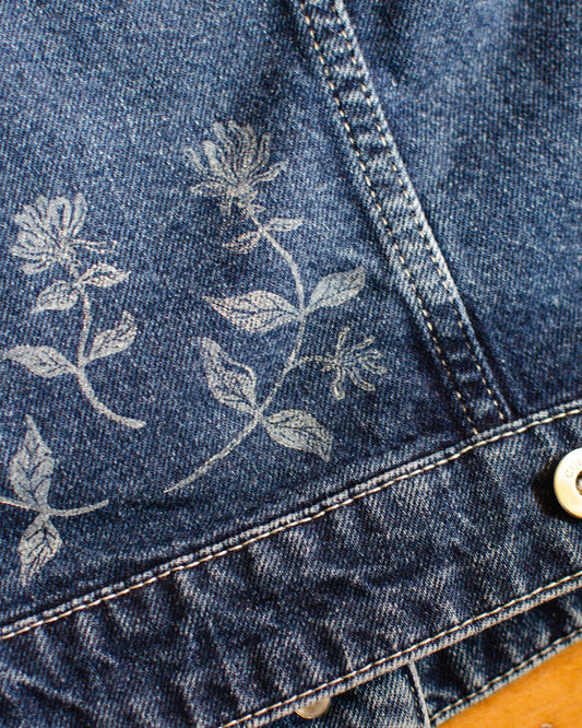 Honeysuckle Demin Jacket | Block Printed Thrifted | (S)