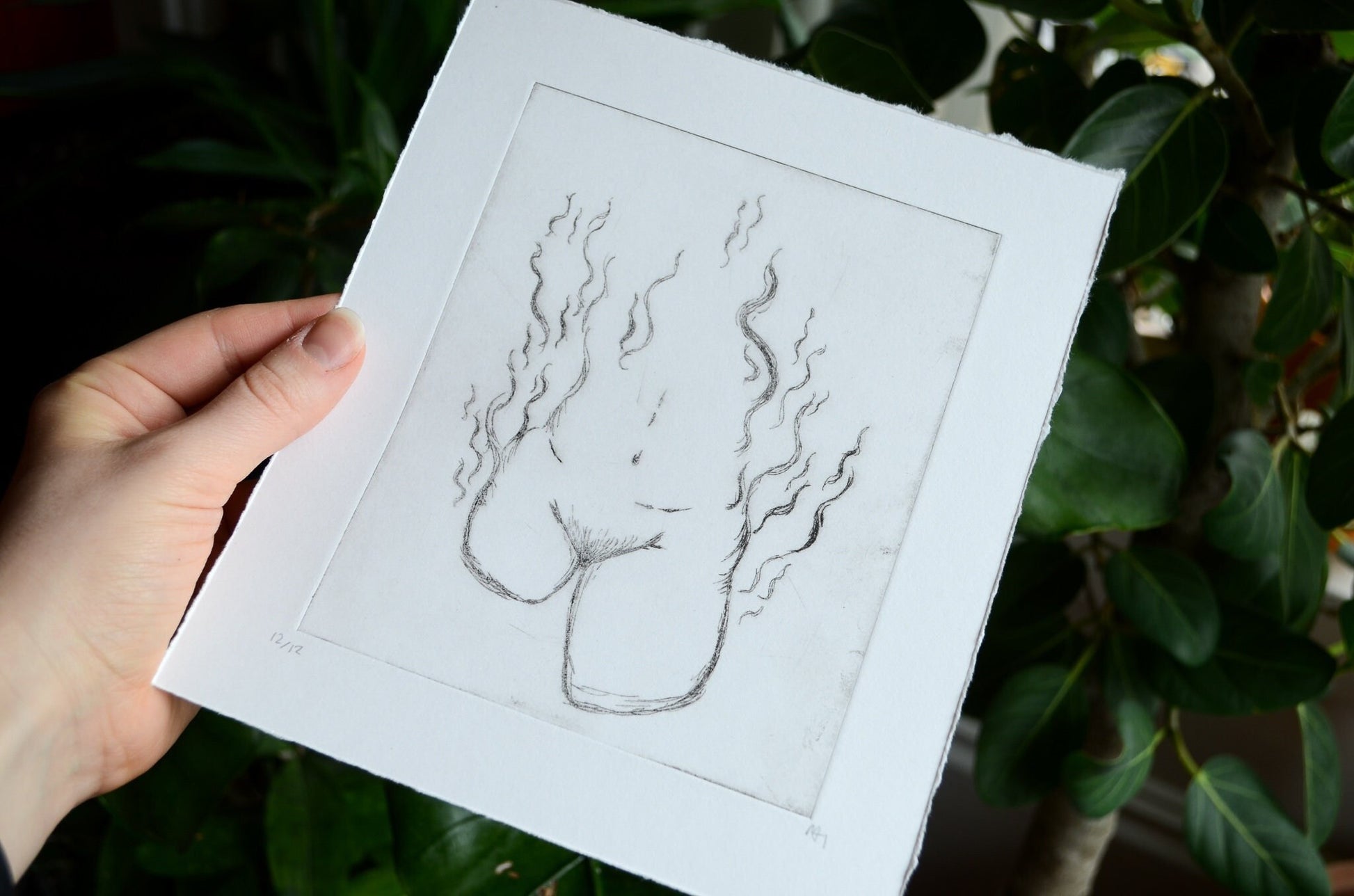 Hand holding a dry point etching of an abstract female form in front of a green leaves